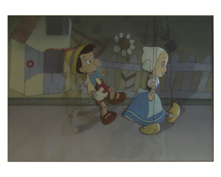 ''Pinocchio'' Animation Cels by Walt Disney of Pinocchio & The Little Dutch Girl Marionette -- With Courvoisier Label